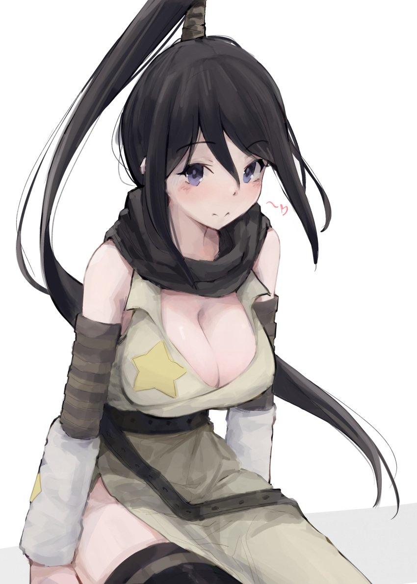 absurdres bare_shoulders belt black_hair black_scarf blue_eyes blush breasts cleavage closed_mouth deko_morii detached_sleeves dress facing_viewer female hair_between_eyes hair_tie happy heart high_ponytail highres japanese_clothes large_breasts long_hair looking_at_viewer nakatsukasa_tsubaki ninja ponytail scarf simple_background sitting sleeveless sleeveless_dress solo soul_eater split_mouth star_(symbol) white_background