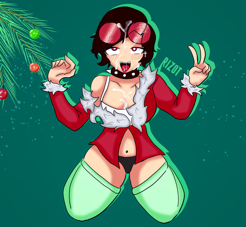 choker christmas christmas_clothing christmas_outfit clothed cum cum_on_breasts cum_on_face cum_on_tongue fangs green_stockings heart-shaped_pupils kaily_rose kneeling oerba_yun_fang panties piercing red_eyes red_glasses rizot roblox roblox_avatar roblox_oc simple_background stockings tongue_out v_sign