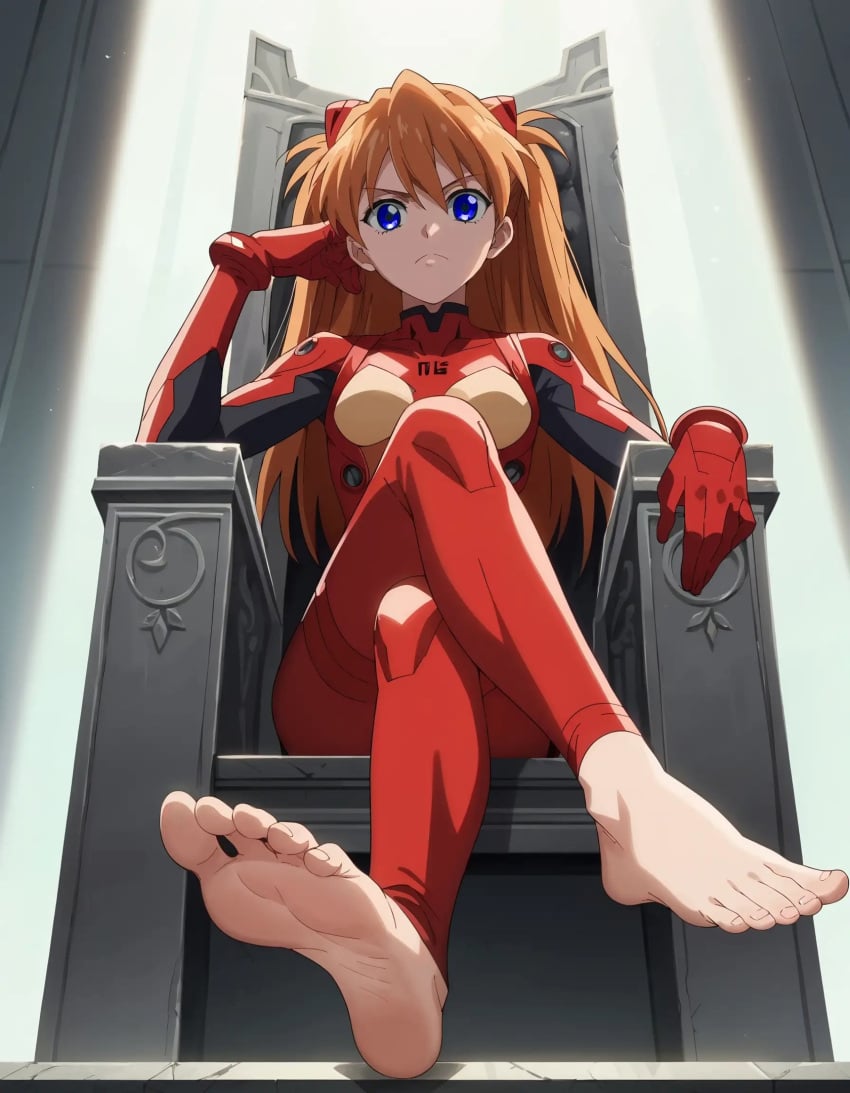 1girls asuka_langley_sohryu barefoot blue_eyes crossed_legs dominant_female feet femdom foot_fetish foot_focus legs long_hair looking_at_viewer looking_down_at_viewer neon_genesis_evangelion orange_hair plugsuit pov_feet princess red_plugsuit sitting sitting_on_throne soles teenage_girl teenager throne toes tsundere