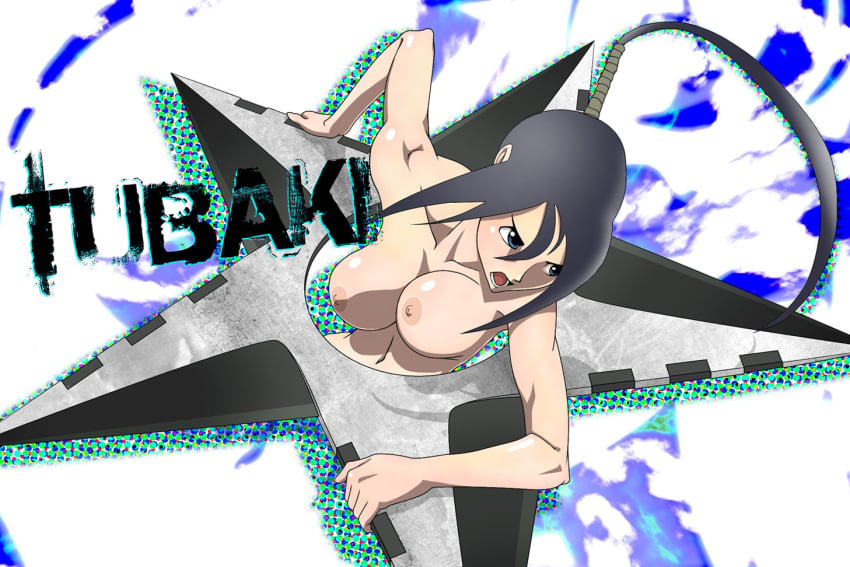 00s black_hair blue_eyes bouncing_breasts breasts female female_focus large_breasts medium_breasts nakatsukasa_tsubaki nipples nude ponytail saran_wrap_(sf_seijin) solo soul_eater