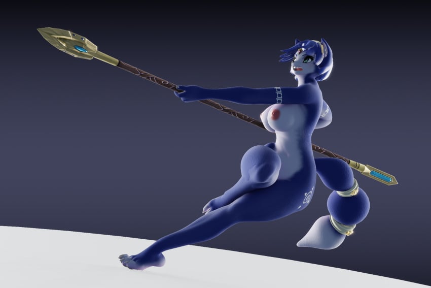 3:2 3d_(artwork) action_pose angry anthro blue_body blue_ears blue_fur blue_hair blue_tail breasts canid canine crossed_legs crown curved_tail digital_media_(artwork) fangs feet female fever-dreamer fox fur hair headgear headpiece hi_res holding_object holding_weapon krystal krystal_(dogzeela) krystal_(star_fox) mammal markings melee_weapon navel nintendo nipples nude open_mouth paws plantigrade polearm pose simple_background snarling solo spear star_fox star_fox_adventures tail tail_markings teeth toes weapon white_body white_breasts white_fur white_tail