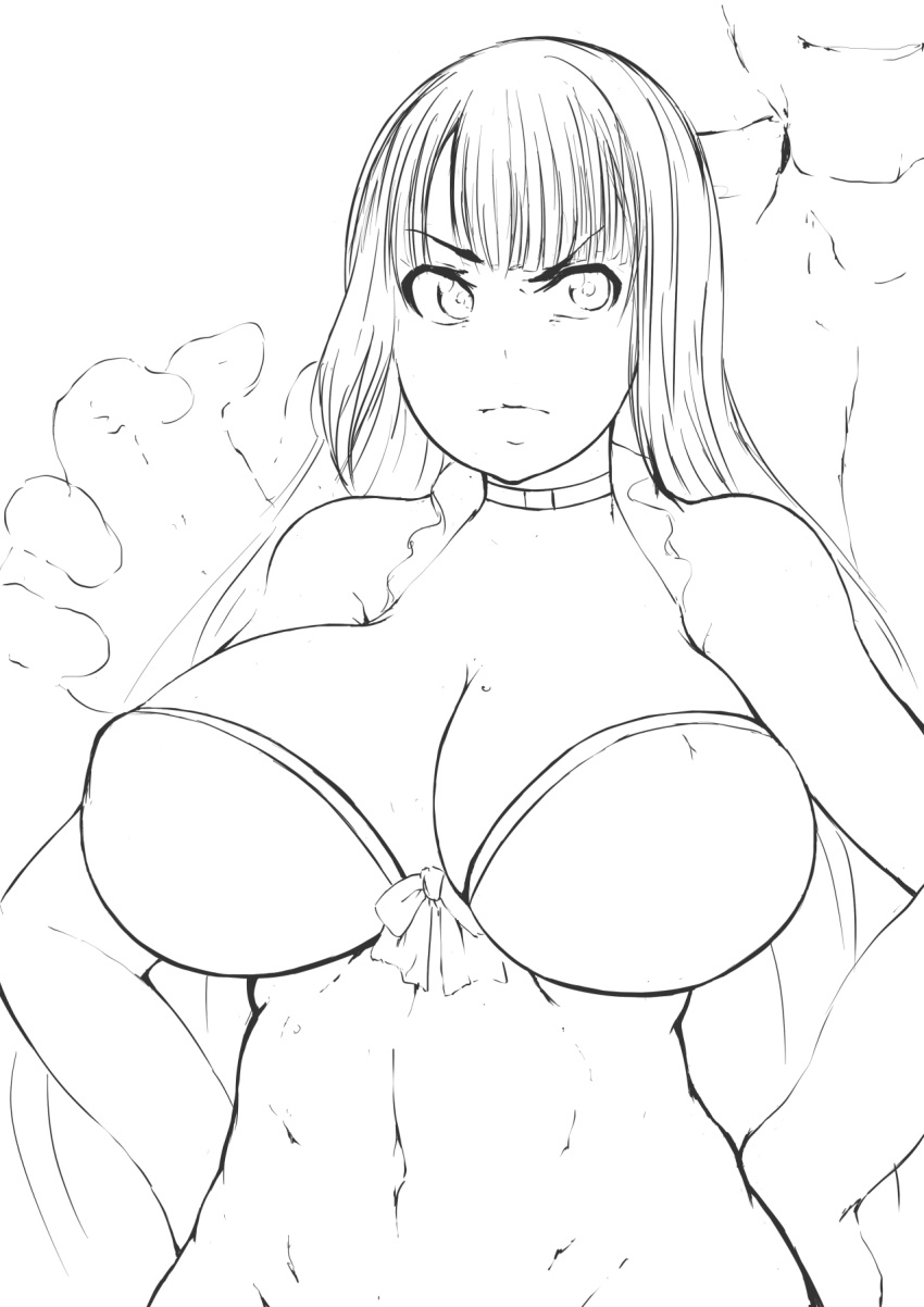 1boy 1boy1girl 1girls behind_another bikini_top choker fate/grand_order fate_(series) hands_on_hips imminent_rape imminent_sex long_hair no_color reaching_out rough_sketch saint_martha saint_martha_(swimsuit_ruler) serious simple_background sketch smirk stern_expression white_background