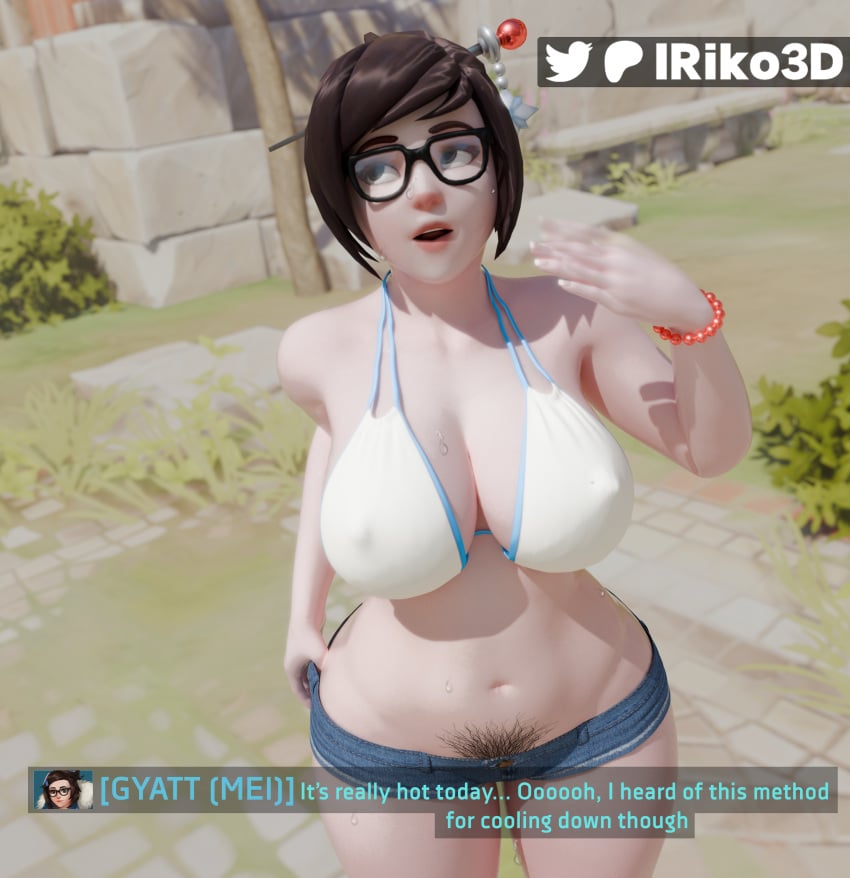 3d bikini_top blender caption fanning_self glasses hair hairy_pussy lriko3d mei_(overwatch) overwatch shorts sweat tagme