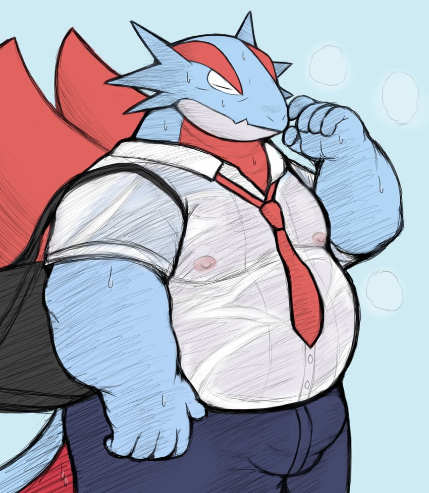 2024 anthro anthrofied bodily_fluids bulge closed_eyes clothing detailed_bulge generation_3_pokemon genital_outline hi_res male multicolored_body necktie nintendo nipples overweight overweight_anthro overweight_male penis_outline pokemon pokemon_(species) pokemorph salamence shohei_(smushysins) smush-sin solo sweat tail translucent translucent_clothing wings