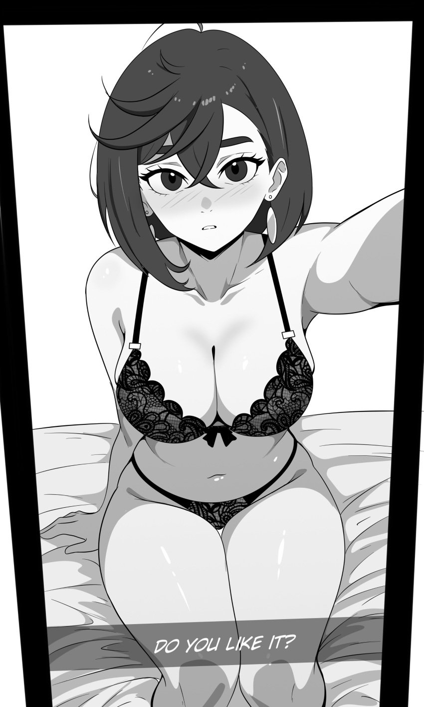 1girls ahoge asian ayase_momo bed blush dandadan earrings female gato_gratam japanese monochrome selfie short_hair solo solo_female underwear