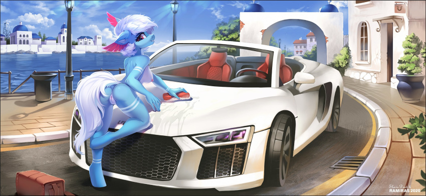 angela_de_medici anthro anus ass audi audi_r8 bag blue_body blue_fur car car_wash detailed_background equid equine feathered_ears female fur furry genitals hasbro hi_res horse landscape lispp looking_at_viewer looking_back mammal mane markings my_little_pony outside pony presenting presenting_pussy pussy ramiras rear_view sharedast smile solo unguligrade_anthro vehicle white_mane white_tail