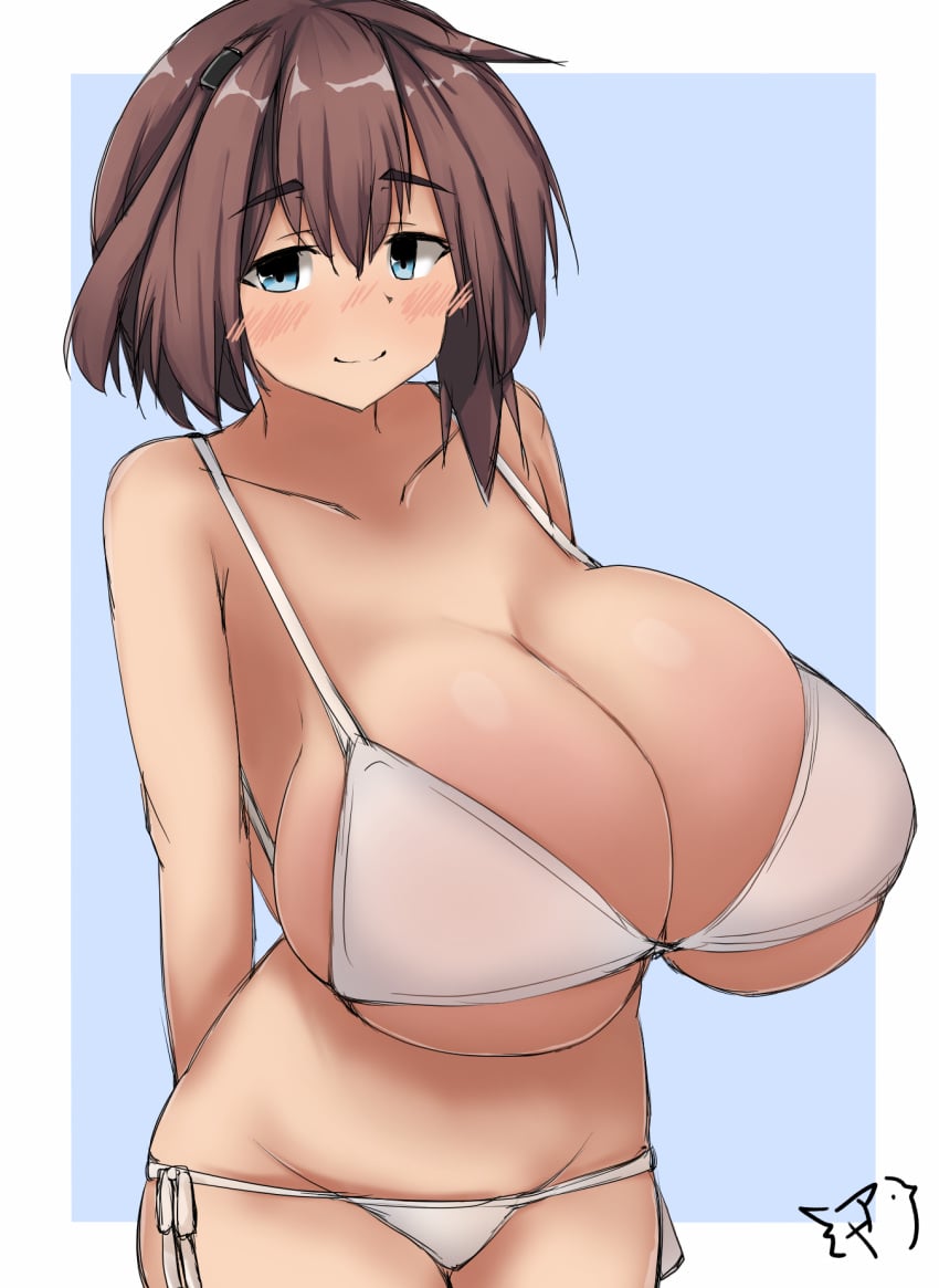 aytk023 big_breasts blue_eyes blush bra breasts brown_hair busty female female_only huge_breasts large_breasts looking_at_viewer original_character solo solo_female tagme top_heavy