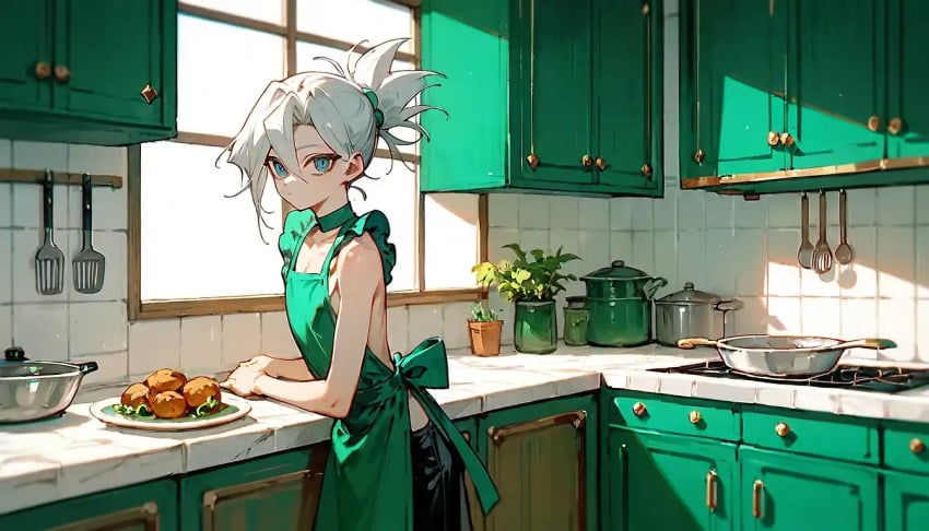 ai_generated apron blue_eyes character_sheet eyeliner eyeshadow femboy hair_tied hair_tied_back kitchen looking_at_viewer mila_matsumoto no_shirt oc original original_character ponytail white_hair