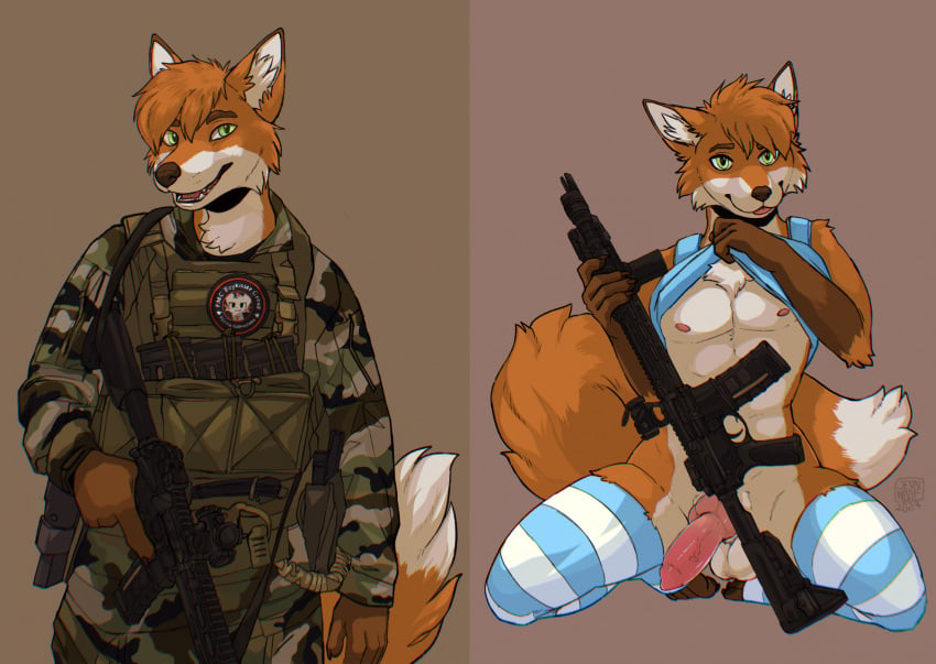 2024 anatomically_correct anatomically_correct_genitalia anatomically_correct_penis animal_genitalia animal_penis anthro athletic athletic_male balls blep boy_kisser_(meme) brown_nose bulletproof_vest camo camo_clothing camo_print canid canine canine_genitalia canine_penis cheek_tuft chest_tuft chromatic_aberration clothed clothing clothing_lift dipstick_ears dipstick_tail ear_markings erection facial_tuft femboy fox front_view fully_clothed genitals green_eyes hair hi_res holding_assault_rifle holster inner_ear_fluff jeanwoof kneeling knot legwear looking_at_viewer magazine_(gun) male male_anthro mammal markings meme military military_uniform multicolored_ears nipples orange_hair patch_(fabric) pattern_clothing pattern_legwear pattern_thigh_highs penis pose scope seductive shirt shirt_lift short_hair soldier solo split_screen spread_legs spreading standing striped_clothing striped_legwear striped_thigh_highs stripes tail tail_markings thigh_highs tongue tongue_out topwear trigger_discipline tuft uniform warrior