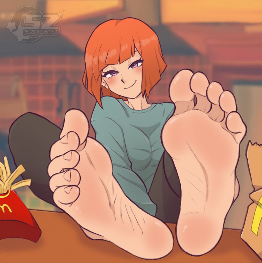 1girl blush blushed_soles clothed_female female female_focus female_only food foot_fetish foot_focus foot_on_table ginger ginger_hair japanese japanese_female looking_at_viewer mcdonald's milf mom_(japanese_mcdonald's_commercial) pale-skinned_female purple_eyes restaurant soles soles_female soles_fetish szeroart toes toes_scrunch white_skinned_female yoru_mac