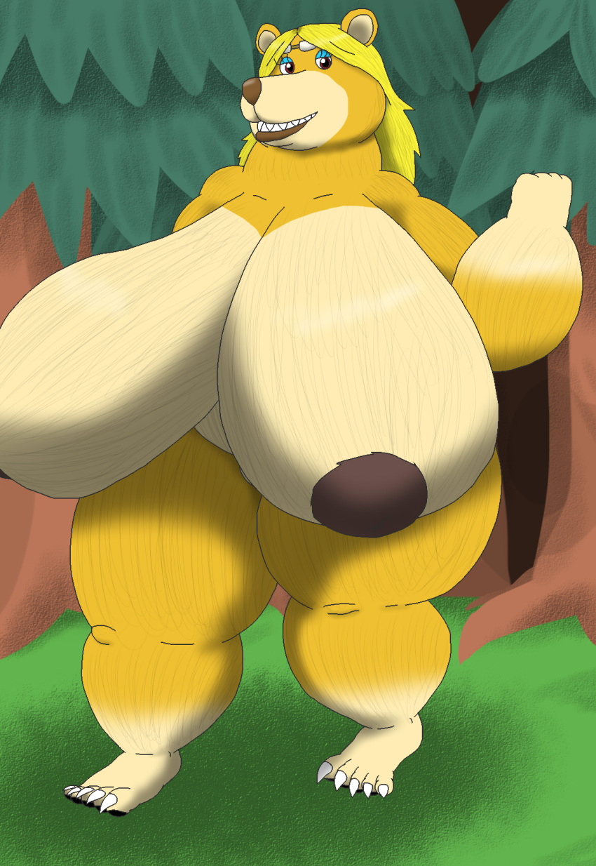 accessory alythewolfcat animal_crossing anthro bear big_breasts breasts female fur headband hi_res huge_breasts huge_hips hyper hyper_breasts inverted_nipples mammal nintendo nipples nude paula_(animal_crossing) solo wide_hips yellow_body yellow_fur