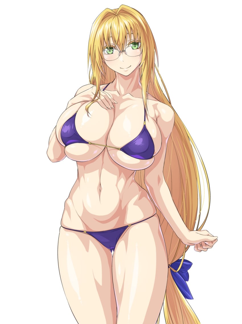 bikini blonde_hair blue_bikini blue_ribbon breasts cleavage cowboy_shot female glasses green_eyes hair_ribbon highres large_breasts long_hair low-tied_long_hair navel ozaneko ribbon solo swimsuit tearju_lunatique to_love-ru very_long_hair white_background