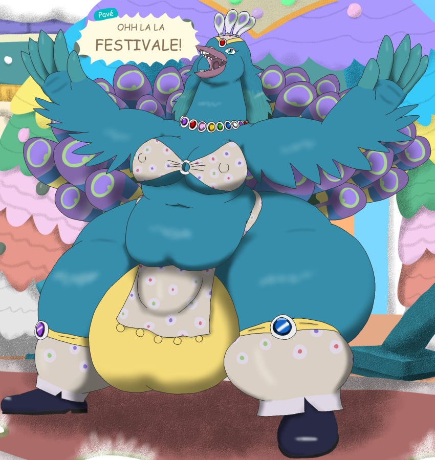 alythewolfcat animal_crossing anthro avian big_bulge bird bulge english_text femboy festival_clothing festivale galliform gem_necklace hi_res huge_bulge huge_hips hyper hyper_bulge hyper_hips male nintendo nipple_outline pave_(animal_crossing) peafowl phasianid solo text wide_hips