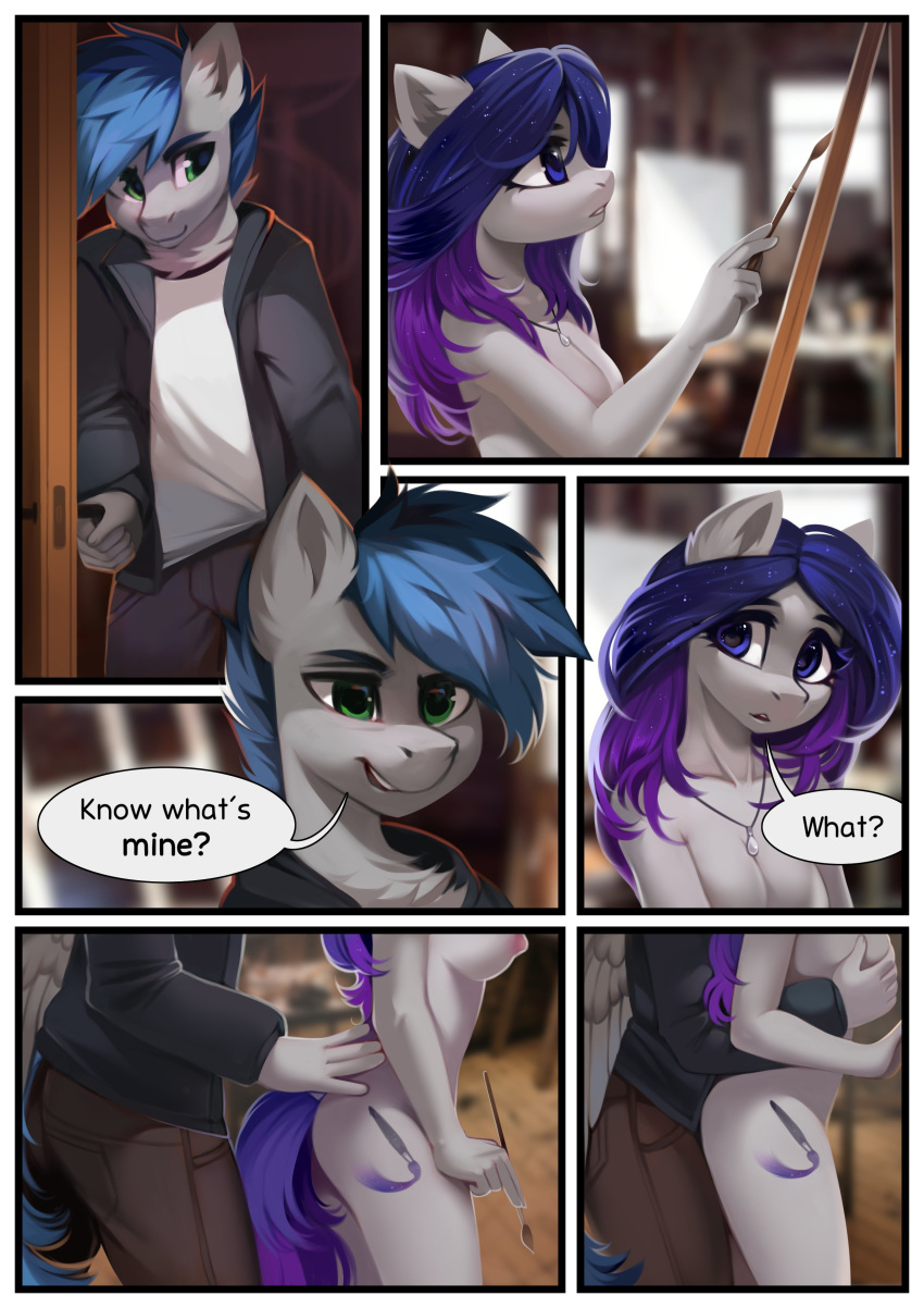 absurd_res anthro blue_mane blue_tail border bottomwear breast_grab breasts brush chest_tuft clothed clothed/nude clothed_male_nude_female clothing comic cutie_mark detailed_background dialogue duo easel english_text equid equine fan_character female fully_clothed fur furry grey_body grey_fur hand_on_breast hand_on_butt hasbro hi_res horse inner_ear_fluff jacket jewelry kyran_(mlp) lispp male mammal mane my_little_pony necklace nude paintbrush pants pegasus pony purple_mane purple_tail sharedast smile star_painter straight text topwear tuft white_border wings