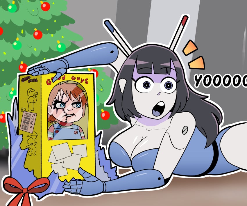 android beepo_(chunkymoon) black_hair blue_body blue_eyes christmas machine robot robot_girl