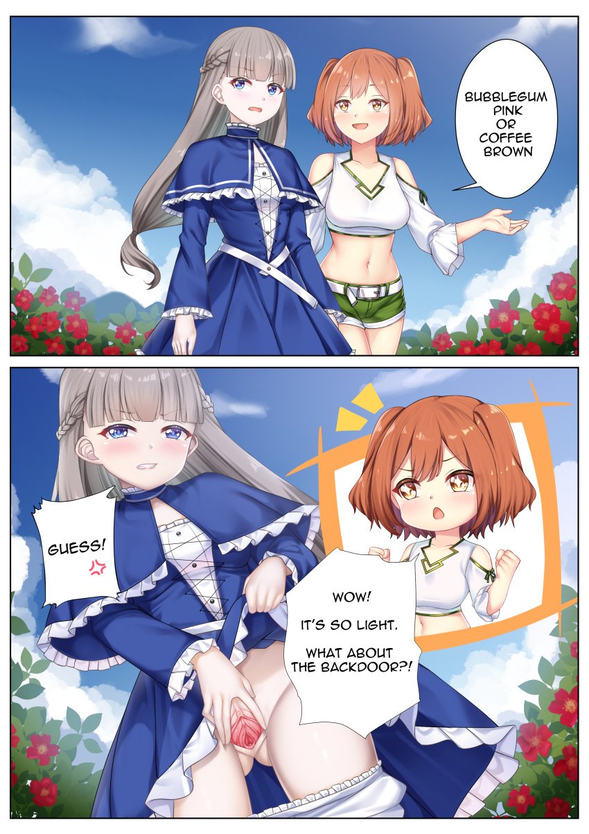 2girls 2koma absurdres anger_vein ass_visible_through_thighs belt bloomers bloomers_pull blue_capelet blue_dress blue_eyes blush braid breasts capelet clenched_hand clenched_teeth clip_studio_paint_(medium) clothes_lift collar collarbone comic commission commissioner_upload day dress dress_lift embarrassed english_text excited flower frilled_collar frilled_dress frills green_shorts grey_hair highres kanne_(sousou_no_frieren) lawine_(sousou_no_frieren) lifting_own_clothes long_hair long_sleeves looking_at_viewer medium_breasts multiple_girls nabunabu navel non-web_source open_mouth orange_eyes orange_hair outdoors pov pussy red_flower shirt short_hair shorts sky smile sousou_no_frieren spoken_anger_vein spread_pussy standing tagme teenage_girl teeth twintails uncensored underwear white_bloomers white_shirt yuri