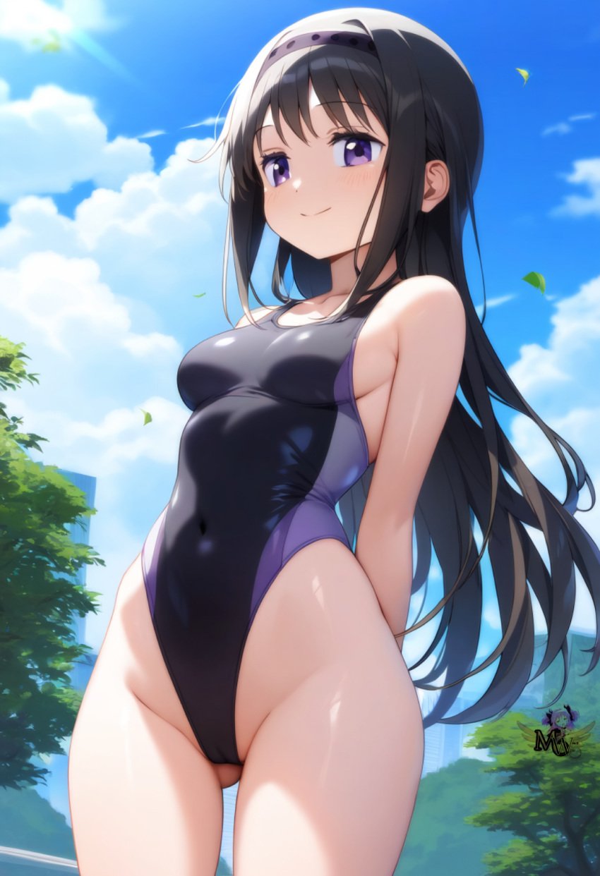 ai_generated akemi_homura artist_logo black_hair female female_focus female_only leotard long_hair madoka_worship magical_girl mahou_shoujo_madoka_magica medium_breasts one-piece_swimsuit outdoors puella_magi_madoka_magica purple_eyes solo solo_female solo_focus straight_hair swimsuit tight_clothing wide_hips