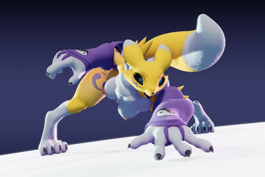 3:2 3d_(artwork) action_pose angry anthro bandai_namco big_breasts black_sclera blender_(artwork) blue_eyes breasts canid canine chest_tuft claws clothed clothing digimon digimon_(species) digital_media_(artwork) digitigrade ears_back feet female fever-dreamer fur hi_res mammal mostly_nude multicolored_body multicolored_fur nipples paws pivoted_ears pose renamon renamon_(dogzeela) simple_background snarling solo superhero_landing toes tuft white_body white_fur yellow_body yellow_fur