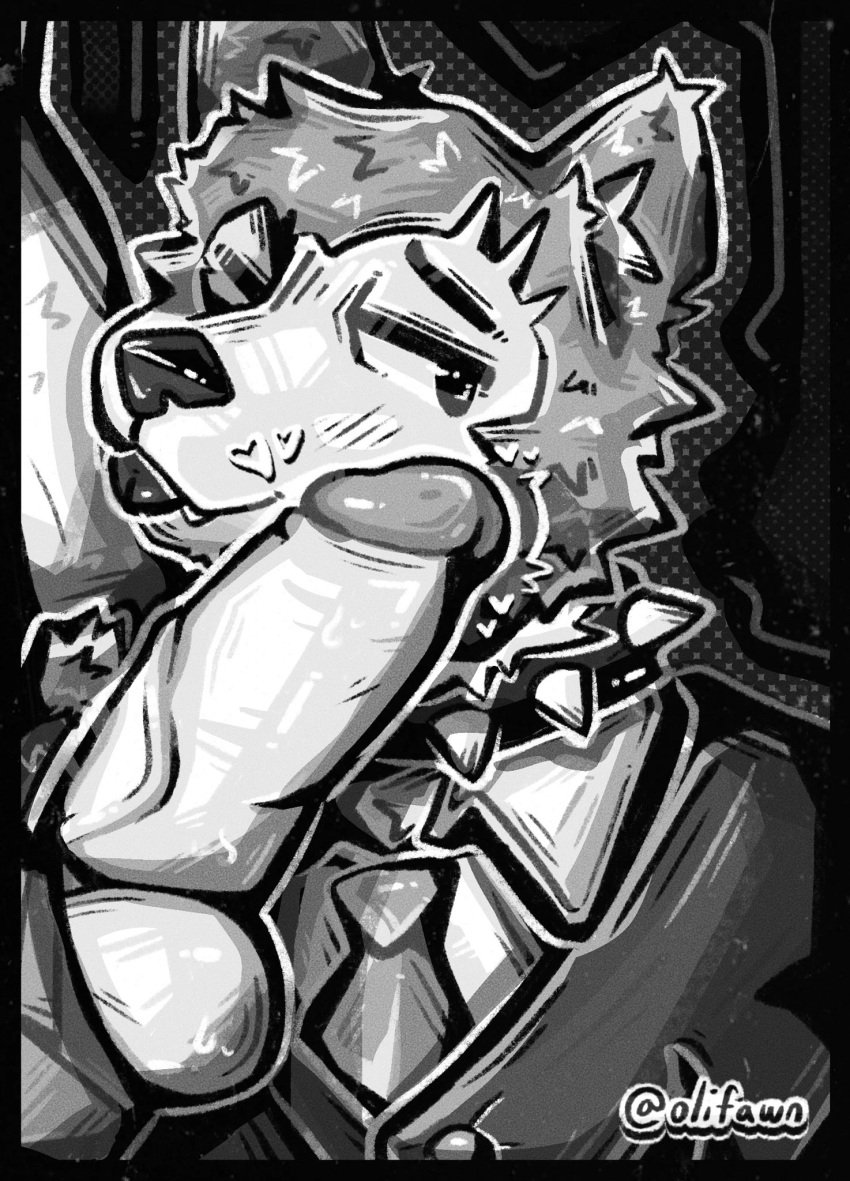 anthro beastars big_penis canid canine canis clothing duo genitals halftone heart_symbol hi_res legoshi_(beastars) male male/male mammal monochrome necktie olifawn penis solo tongue tongue_out uniform wolf