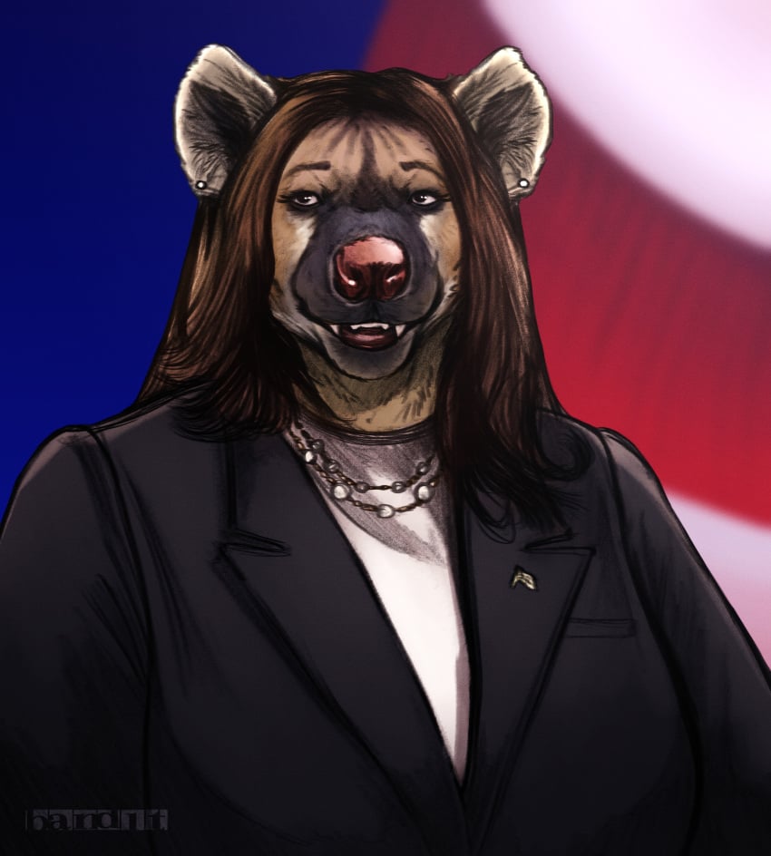 absurd_res american_flag anthro band1tnsfw black_clothing black_suit brown_hair clothing digital_drawing_(artwork) digital_media_(artwork) ear_piercing female female_anthro gem hair hi_res hyena jewelry kamala_harris kamala_harris_(hyena) lips long_hair mammal necklace pearl_(gem) pearl_ear_ring pearl_necklace piercing politics portrait red_lips red_nose shirt simple_background smile solo spotted_hyena suit topwear united_states_of_america white_clothing white_shirt white_topwear