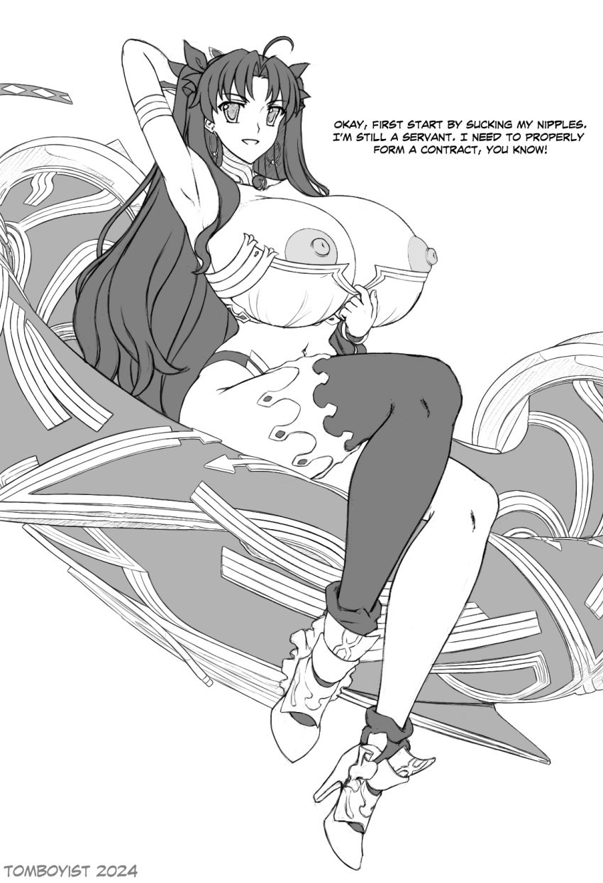 1girls alternate_breast_size armpits big_ass english_text fate/grand_order fate_(series) female female_only gigantic_breasts high_heels huge_ass huge_breasts ishtar_(fate) ishtar_(fate)_(all) ishtar_(fate/grand_order) monochrome nipples solo text tomboyist