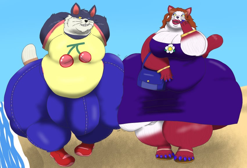 alythewolfcat animal_crossing anthro beach belly big_belly big_bulge bottomwear bulge clothing detailed_bulge domestic_cat dress duo felid feline felis female genital_outline hi_res huge_belly huge_bulge huge_hips hyper hyper_bulge hyper_hips makeup male mammal morbidly_obese nintendo obese olivia_(animal_crossing) overweight overweight_female overweight_male pants penis_outline punchy_(animal_crossing) purse romantic romantic_couple shirt topwear wide_hips wristband