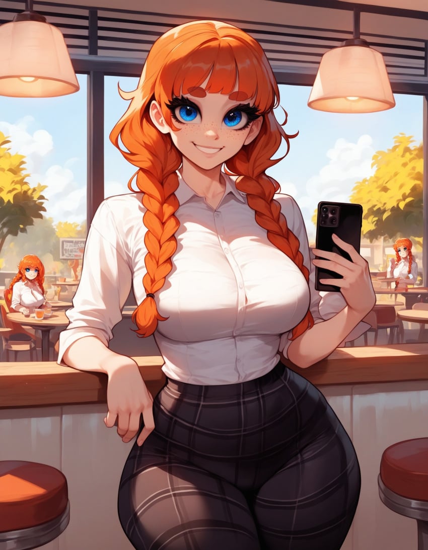 1girls ai_generated big_ass big_breasts blue_eyes braid braided_hair curvy curvy_figure cute cute_face freckles light-skinned_female light_skin melony_(xandr) red_hair schoolgirl shirt thick thick_ass thick_legs thick_thighs twin_braids xandr young younger_female