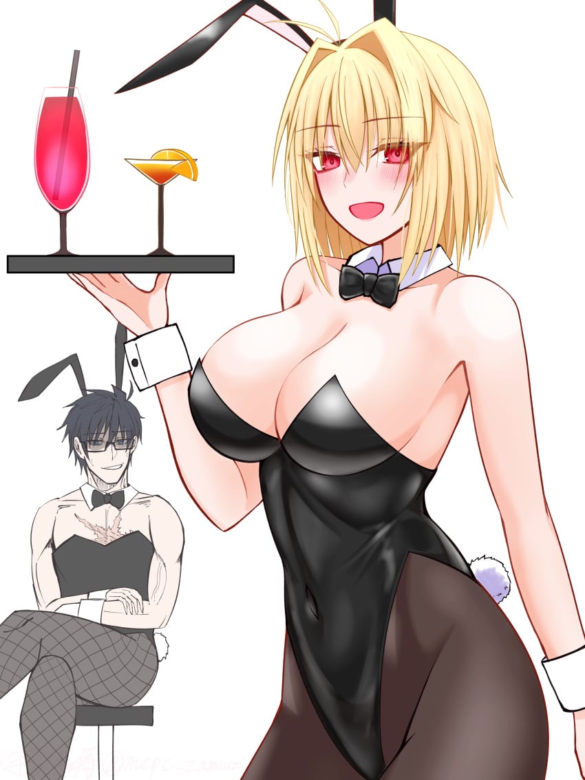 1boy 1girls alternate_breast_size alternate_version_available arcueid_brunestud big_breasts black_hair blonde_hair breasts bunny_ears bunny_suit bunnysuit chest_scar cleavage crossed_legs crossing_legs cuffs drinks female female_only flustered glasses holding_object huge_breasts large_boobs large_breasts looking_at_viewer melty_blood muscular_male pantyhose plump short_hair sitting solo sweating thick thick_hips thick_thighs tohno_shiki tsukihime type-moon vampire vampire_girl waitress wide_hips