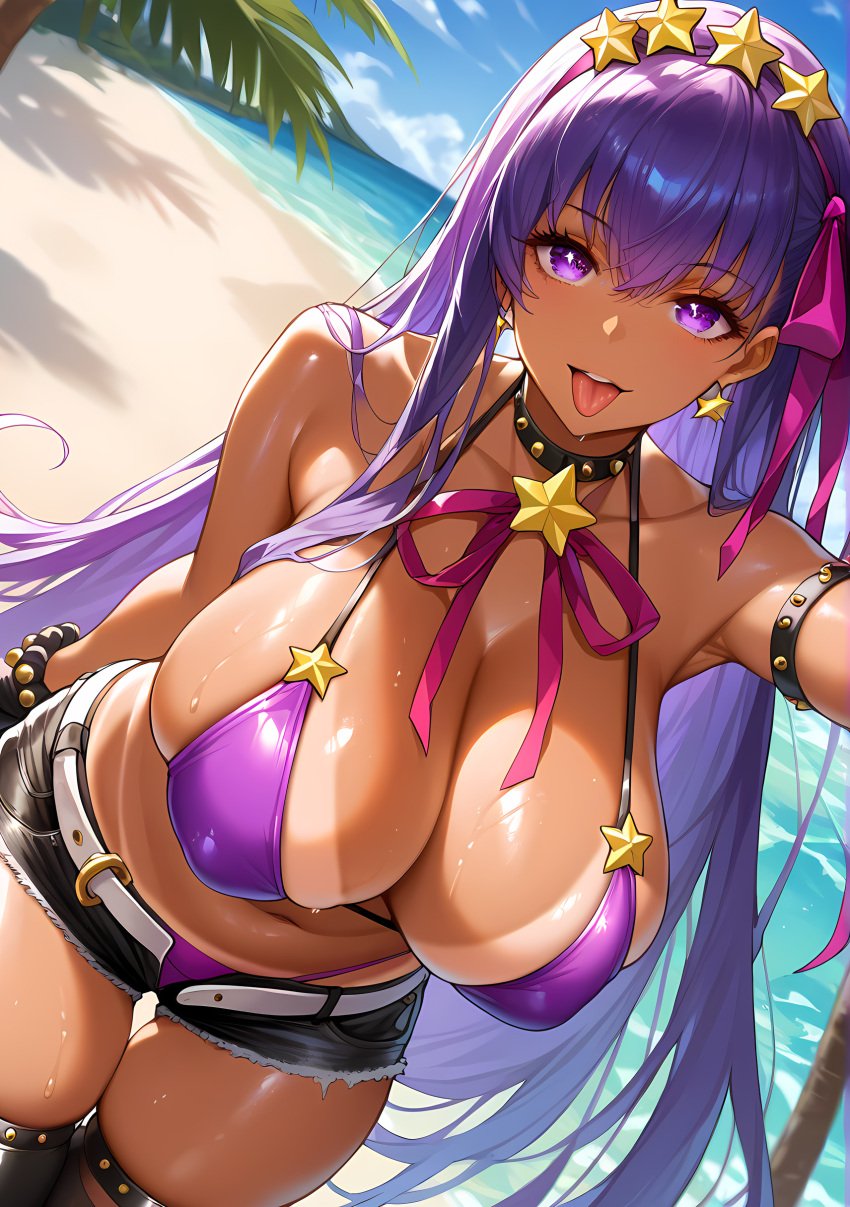 1girls ai_generated bb_(fate) bb_(swimsuit_mooncancer) bikini breasts brown_skin fate/grand_order fate_(series) female hi_res hips huge_breasts long_hair naughty_face purple_eyes purple_hair tan tan-skinned_female tanned_skin thick_thighs thighs wide_hips