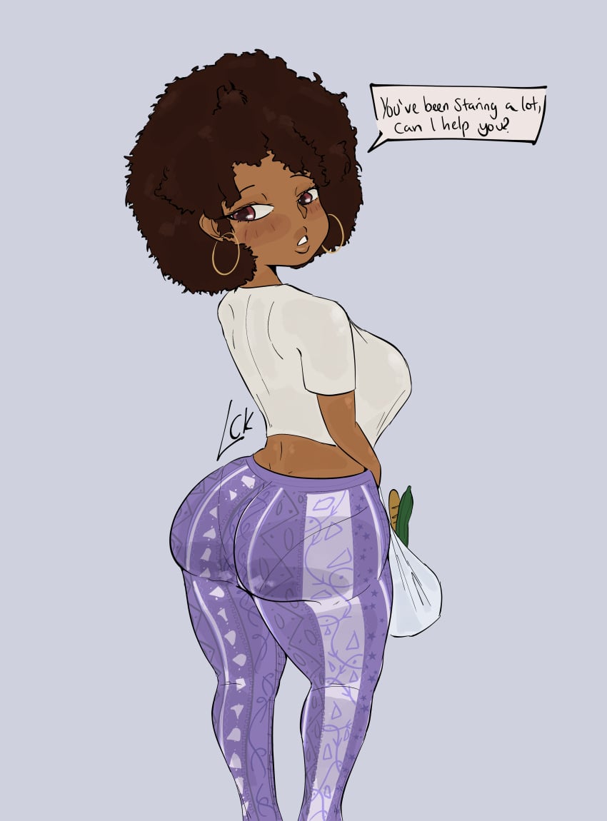 1girls afro ass ass_focus bag dark-skinned_female dark_skin english_text female flare_pants groceries large_ass leekcheek looking_at_viewer looking_back milf original original_character pants shopping_bag solo solo_focus talking_to_viewer thick thick_ass thick_legs thick_thighs thighs