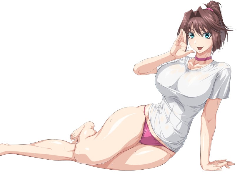 bare_legs barefoot blue_eyes breasts brown_hair choker covered_navel female hand_up highres large_breasts linea_alba mazaki_anzu medium_hair open_mouth ozaneko panties ponytail purple_choker purple_panties shirt short_sleeves simple_background smile solo sweat underwear white_background white_shirt yu-gi-oh! yu-gi-oh!_duel_monsters yu-gi-oh!_the_dark_side_of_dimensions