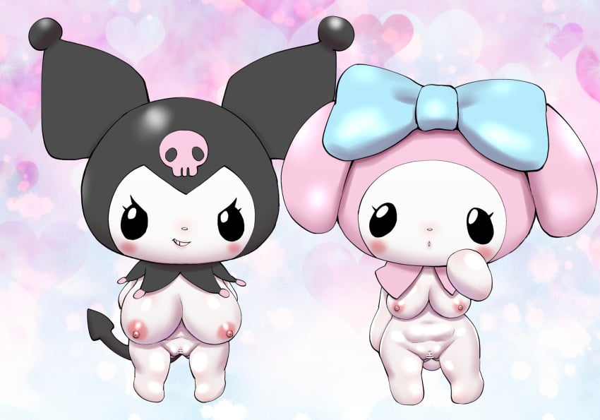 absurd_res anthro big_breasts breasts chibi duo female female/female hi_res huge_breasts kosuken kuromi my_melody nipples onegai_my_melody pink_nipples sagging_breasts sanrio short_stack