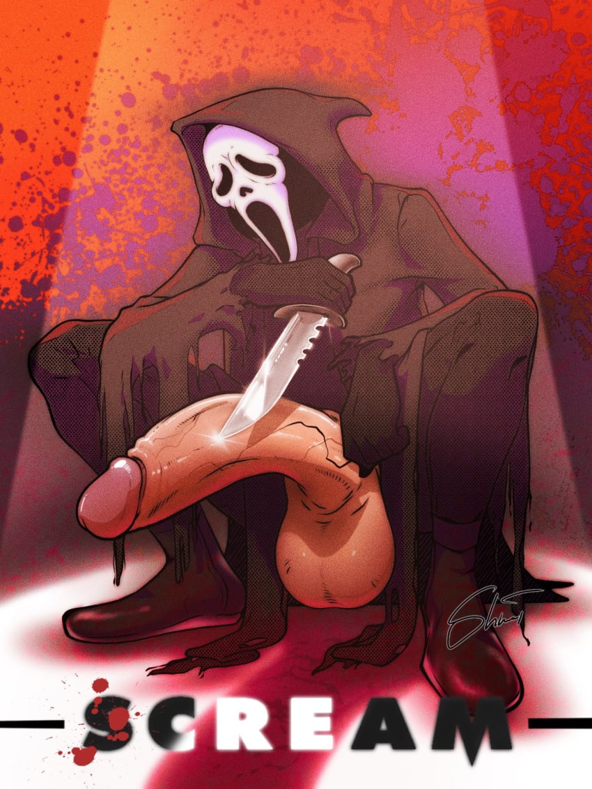 balls bara_assassin big_balls big_penis ghostface inviting_to_sex knife male mask penis presenting_penis scream_(franchise) squatting