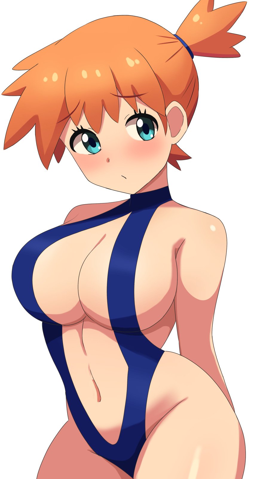 asymmetrical_hair bare_shoulders blue_eyes blue_one-piece_swimsuit blush breasts cleavage closed_mouth creatures_(company) curvy female female_focus game_freak gen_1_pokemon green_eyes gym_leader highres huge_breasts kasumi_(pokemon) large_breasts looking_at_viewer navel neng_(user_fyxc8875) nintendo one-piece_swimsuit orange_hair pokemon pokemon_(anime) pokemon_(classic_anime) pokemon_rgby ponytail shiny_skin short_hair side_ponytail solo standing swimsuit thick_thighs thighs wide_hips