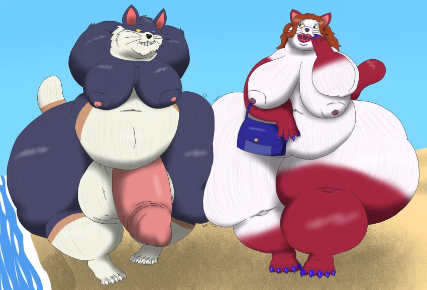 alythewolfcat animal_crossing anthro areola_outline balls beach belly big_balls big_belly big_breasts big_moobs big_penis breasts domestic_cat duo felid feline felis female genitals hi_res hip_bump huge_balls huge_belly huge_cock huge_hips hyper hyper_balls hyper_genitalia hyper_hips hyper_penis makeup male mammal moobs morbidly_obese nintendo nipples obese olivia_(animal_crossing) overweight overweight_female overweight_male penis punchy_(animal_crossing) purse romantic romantic_couple wide_hips