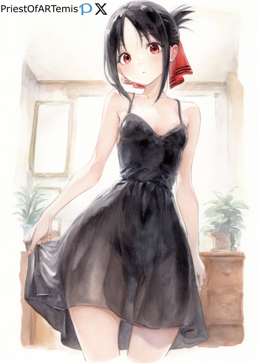 1girls ai_generated black_clothing black_hair blush color curvy_hips dot_nose dress female female_only indoors kaguya-sama_wa_kokurasetai_~tensai-tachi_no_renai_zunousen~ priestofart red_eyes room shinomiya_kaguya sleeveless_dress small_breasts solo tagme tagme_(artist) tagme_(character) teenager thick_thighs thin_waist wide_hips