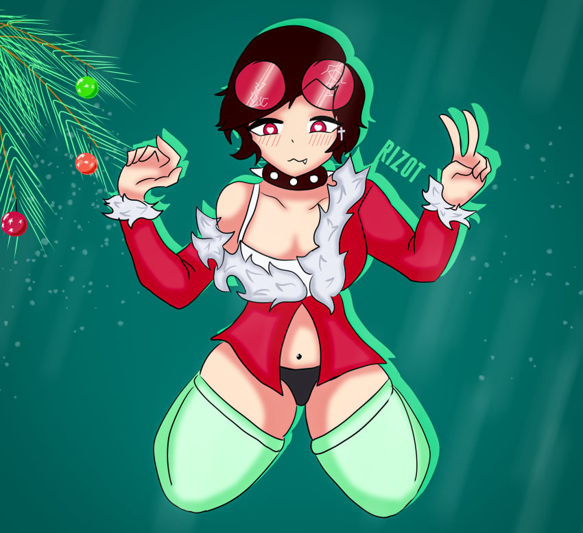 choker christmas christmas_clothing christmas_outfit clothed green_stockings heart-shaped_pupils kaily_rose kneeling oerba_yun_fang panties piercing red_eyes red_glasses rizot roblox roblox_avatar roblox_oc simple_background stockings v_sign