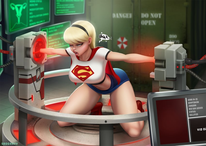 1girls arched_back blonde_female blonde_hair blonde_hair_female blue_eyes crop_top cropped_shirt dc dc_comics female heroine heroine_in_trouble kara_in-ze machine sadgravy short_shirt short_skirt stunned supergirl superheroine thick_thighs trapped umbrella_corporation voluptuous_female young_woman