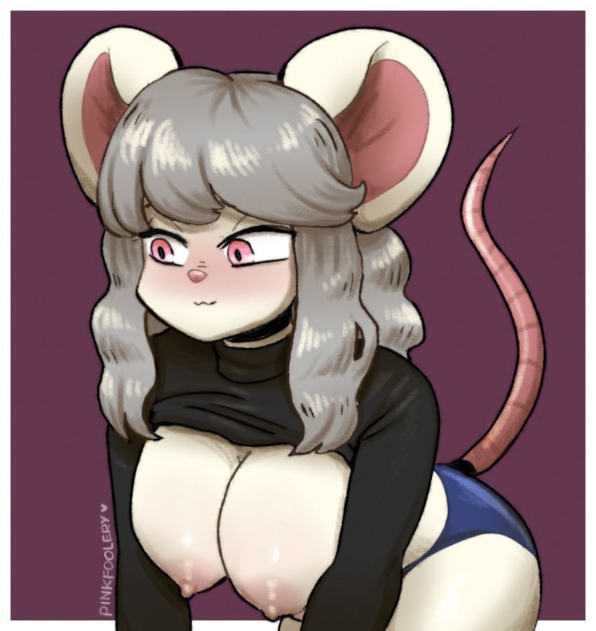 anthro big_breasts big_ears blush breasts choker clothed clothing clothing_lift exposed_breasts female grey_hair hair hi_res humanoid jewelry long_hair looking_away mammal mouse murid murine necklace nipples panties pink_eyes pinkfoolery rodent shirt shirt_lift shirt_pulled_up shy solo sweater tail topwear underwear uwu