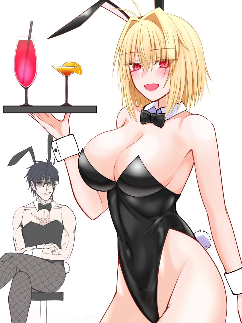 1boy 1girls alternate_breast_size alternate_version_available arcueid_brunestud big_breasts black_hair blonde_hair breasts bunny_ears bunny_suit bunnysuit chest_scar cleavage crossed_legs crossing_legs cuffs drinks female female_only flustered glasses holding_object huge_breasts large_boobs large_breasts looking_at_viewer melty_blood muscular_male pantyhose plump short_hair sitting solo sweating thick thick_hips thick_thighs tohno_shiki tsukihime type-moon vampire vampire_girl waitress wide_hips