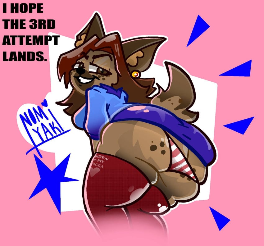 1girls anthro anthro_focus anthro_only ass ass_focus big_ass brown_hair earrings english_text fat_ass furry furry_female furry_only huge_ass hyena hyena_girl kamala_harris kamala_harris_(hyena) leaning nomi_yaki panties_down politics presenting_hindquarters skirt smirk smug striped_panties thick_thighs thigh_high_boots