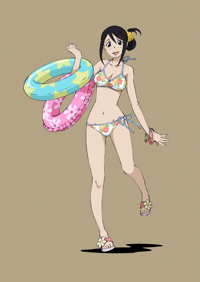 barefoot bikini black_hair blue_eyes bracelet breasts cleavage clothing feet female female footwear high_resolution innertube jewelry large_breasts large_filesize nakatsukasa_tsubaki ponytail potential_duplicate sandals shadow side-tie_bikini solo soul_eater swimsuit tagme tied_hair very_high_resolution