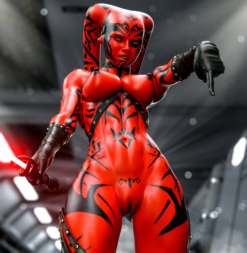 3d 3d_(artwork) abs alien alien_girl armor athletic_female big_breasts black_gloves body_markings breasts choker completely_naked completely_naked_female completely_nude completely_nude_female darth_talon gloves hyartik latex_gloves lekku lightsaber naked naked_female nude nude_female pussy red_skin sith solo solo_female star_wars tattoo tattoos thick_thighs topless twi'lek vagina