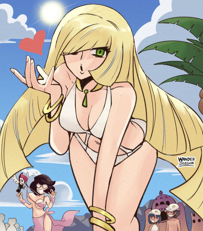 bent_forward big_breasts bikini blonde_hair blowing_kiss bra_pull breasts cleavage heart long_hair looking_at_viewer lusamine_(pokemon) navel pokemon pokemon_sm thick_thighs thighs wanderjegson wicke_(pokemon) wink