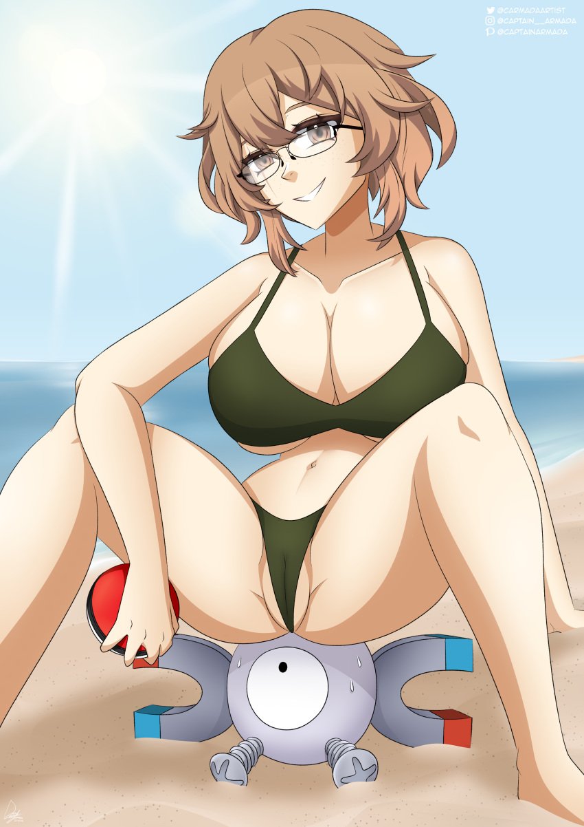 1girls beach big_breasts bikini captainarmada clio_aite female glasses indie_virtual_youtuber magnemite pokeball pokemon short_hair virtual_youtuber