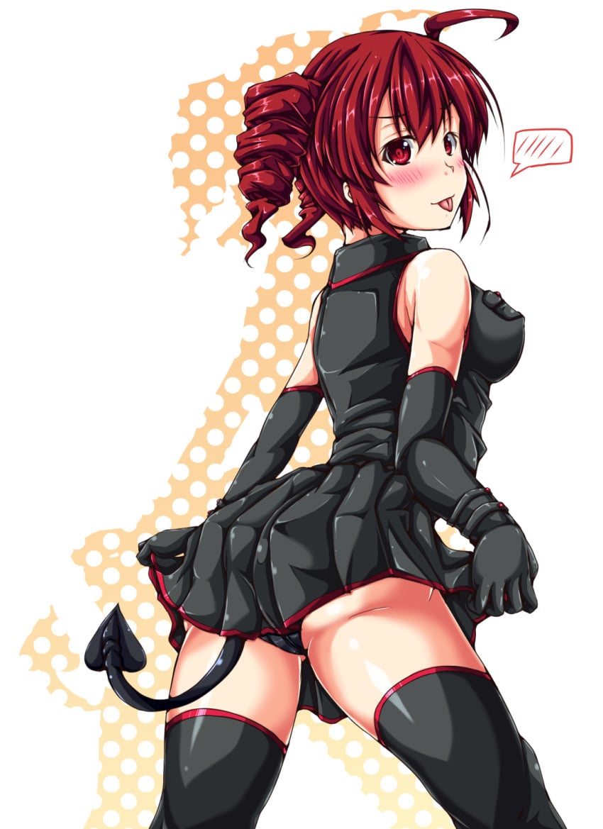 1female ass black_gloves black_tail breasts drill_hair kasane_teto red_cheeks red_eyes red_hair tongue_out utau