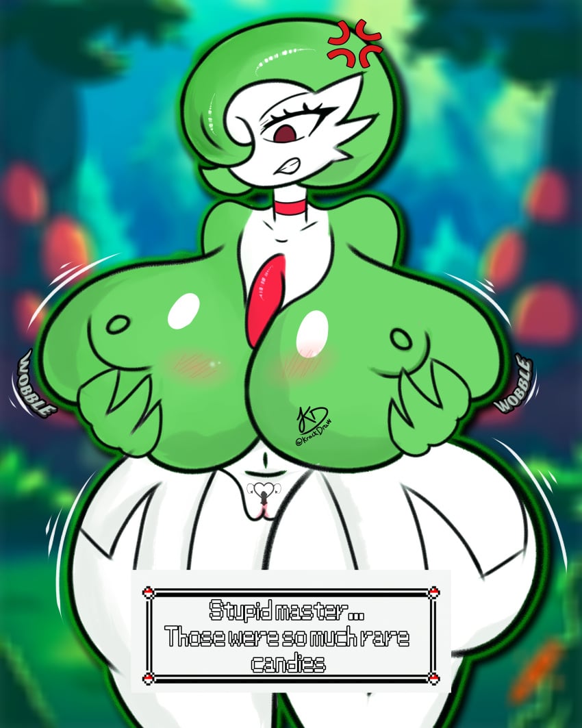 angry ass_bigger_than_head background big_ass big_breasts blush breasts_bigger_than_head collar gardevoir generation_3_pokemon grabbing_own_breast huge_ass huge_breasts humanoid krackdraw nintendo nipple_bulge nipples not_furry pink_nipples plap pokemon pokemon_(species) shortstack tattoo text thick_thighs wobble