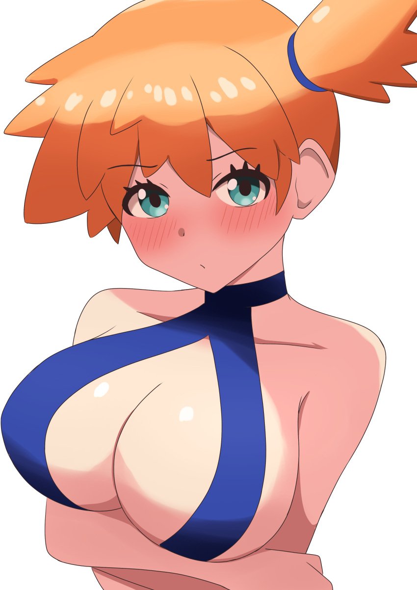 asymmetrical_hair bare_shoulders blue_eyes blue_one-piece_swimsuit blush breasts cleavage closed_mouth creatures_(company) curvy female female_focus game_freak gen_1_pokemon green_eyes gym_leader highres huge_breasts kasumi_(pokemon) large_breasts looking_at_viewer neng_(user_fyxc8875) nintendo one-piece_swimsuit orange_hair pokemon pokemon_(anime) pokemon_(classic_anime) pokemon_rgby ponytail shiny_skin short_hair side_ponytail solo standing swimsuit thick_thighs thighs wide_hips