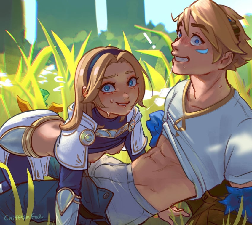 1boy 1girls abs all_fours arched_back arm_support bent_over blonde_hair blue_eyes blush breasts_out caught caught_in_the_act chiffonfae clothed embarrassed exposed_breasts ezreal face_markings foreplay goggles grass grin headband kiss_mark league_of_legends light-skinned_female light-skinned_male light_skin long_hair looking_at_viewer lovers luxanna_crownguard markings muscular muscular_male on_ground outdoors partially_clothed saliva saliva_string saliva_trail shirt_up short_hair small_breasts smile sneaky surprised sweat walk-in walked_in_on wet wet_body