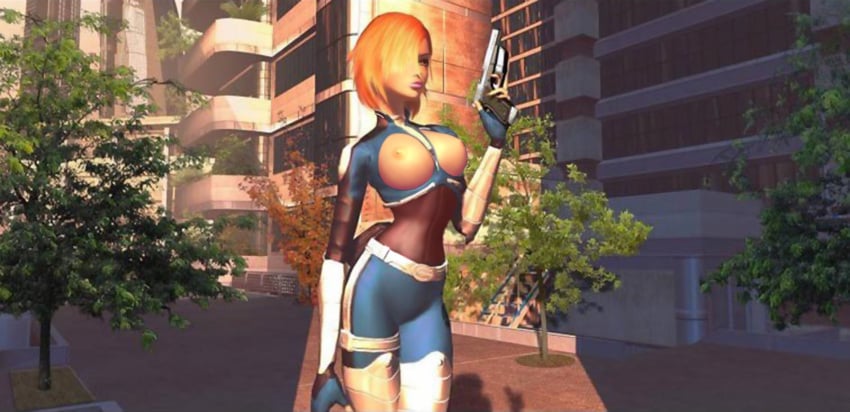 3d breasts clothes clothing color female female_only firearm gun handgun handwear human joanna_dark nipples perfect_dark solo standing weapon